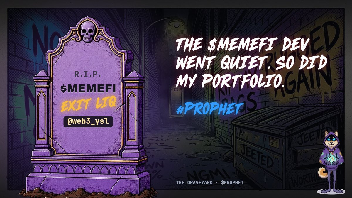WEB3quill's tweet photo. The launch of $MEMEFI made @web3_ysl and me allergic to certainty.

So I am not forcing a story onto @ProphetTheDog. 

Quoted the pin, joined the official Telegram, and left the Graveyard card attached.

The countdown can speak for itself. https://t.co/nro5EeKbeI