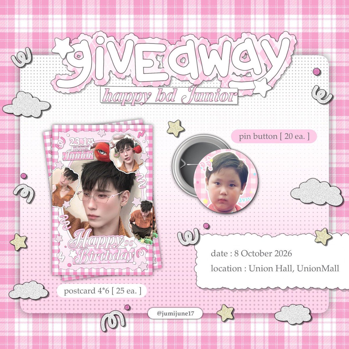 jumijune17's tweet photo. 𓍼 pls kindly rt ⸝⸝.ᐟ⋆

giveaway for #Junniorrs 30th Birthday ᯓ★𓂃

𓍼  postcard 25 ea.
𓍼  pin botton 20 ea.

⭑ date : 08 Oct 2026 | Union Hall , Union Mall
⭑ time : tba
⭑ #GMMTVFANIVAL2026HappyFamily 𑁤 https://t.co/bqgIA3Q8LT