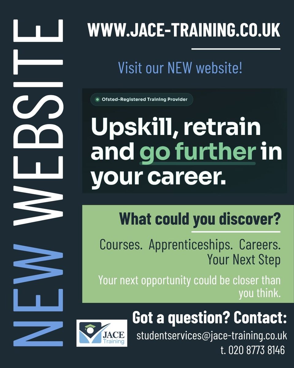 JACETraining's tweet photo. Our NEW website is about much more than a new look. It's a place to discover opportunities. Explore our apprenticeships and courses and find out more about JACE Training. Visit https://t.co/4SfnuIxYaa #apprenticeships #trainingprovider #wallington #crawley #london #southeast https://t.co/e2QEOfKitH