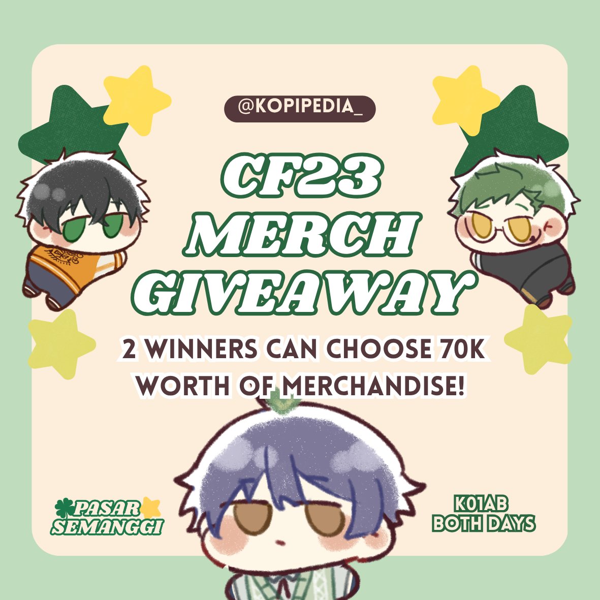 Kopipedia_'s tweet photo. #CF23 GIVEAWAY
💖2 Winners can choose 70K worth of items, Shipping/Pickup is OK! 

Rules :
1. Rt &amp; ❤ post GA ini
2. Reply merch yang kalian mau di post pre-orderku (yang aku qrt dibawah) 

Pemenang akan diundi melalui reply yang masuk setelah Pre-Order tutup🍀 good luck! https://t.co/HBzxYbeh9x