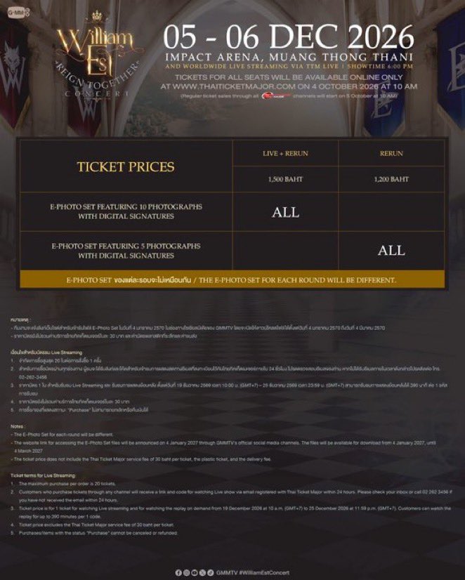 arapyanoMSc's tweet photo. WILLIAM EST REIGN TOGETHER CONCERT
📆 5–6 Dec 2026📍 Impact Arena, Muang Thong Thani / Live Streaming / RERUN⏰ 18:00💰 Tickets: 7,900–2,000 THB / Live 1,500 / RERUN 1,200🗓️ Sale: 4 Oct 2026, 10:00🎫 Tickets:DM
#WilliamEstConcert #williamjkp #est_rvp @Thaiticketmajor #Thaiticket https://t.co/pjNnHZLem9