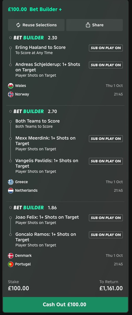 Footytipsterlab's tweet photo. 🔥 £100 BET BUILDER → £1,161 POTENTIAL RETURN! 

Three fixtures. Player shots, goals &amp; BTTS — all lined up. 👀

🇳🇴 Norway vs Wales
🇬🇷 Greece vs Netherlands
🇩🇰 Denmark vs Portugal

Would you ride this one? 👇 https://t.co/Z9wDiakHr1