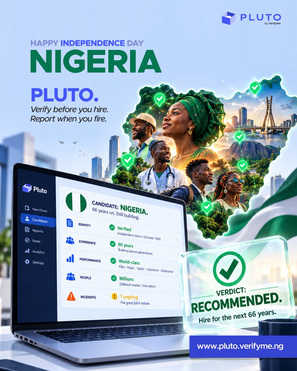 plutobyvmn's tweet photo. We ran Nigeria through Pluto. ๐ณ๐ฌ
66 years of history.
Millions of people.
Hundreds of cultures.
Countless stories.
And still building.
The record? Nigeria is still in progress.
Happy Independence Day, Nigeria.
#NigeriaAt66 #IndependenceDay #Pluto #VerifyBeforeYouHire #VerifyMe https://t.co/NwBmhoIMXc