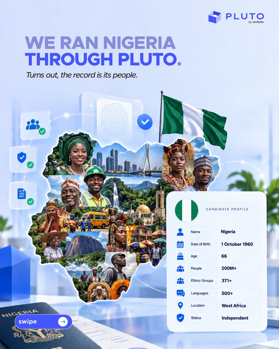 plutobyvmn's tweet photo. We ran Nigeria through Pluto. ๐ณ๐ฌ
66 years of history.
Millions of people.
Hundreds of cultures.
Countless stories.
And still building.
The record? Nigeria is still in progress.
Happy Independence Day, Nigeria.
#NigeriaAt66 #IndependenceDay #Pluto #VerifyBeforeYouHire #VerifyMe https://t.co/NwBmhoIMXc
