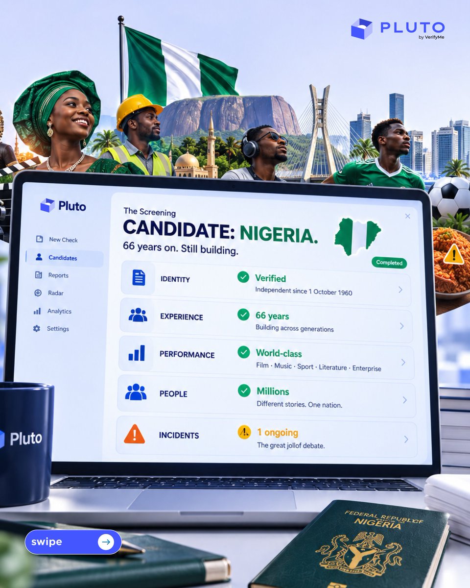 plutobyvmn's tweet photo. We ran Nigeria through Pluto. ๐ณ๐ฌ
66 years of history.
Millions of people.
Hundreds of cultures.
Countless stories.
And still building.
The record? Nigeria is still in progress.
Happy Independence Day, Nigeria.
#NigeriaAt66 #IndependenceDay #Pluto #VerifyBeforeYouHire #VerifyMe https://t.co/NwBmhoIMXc