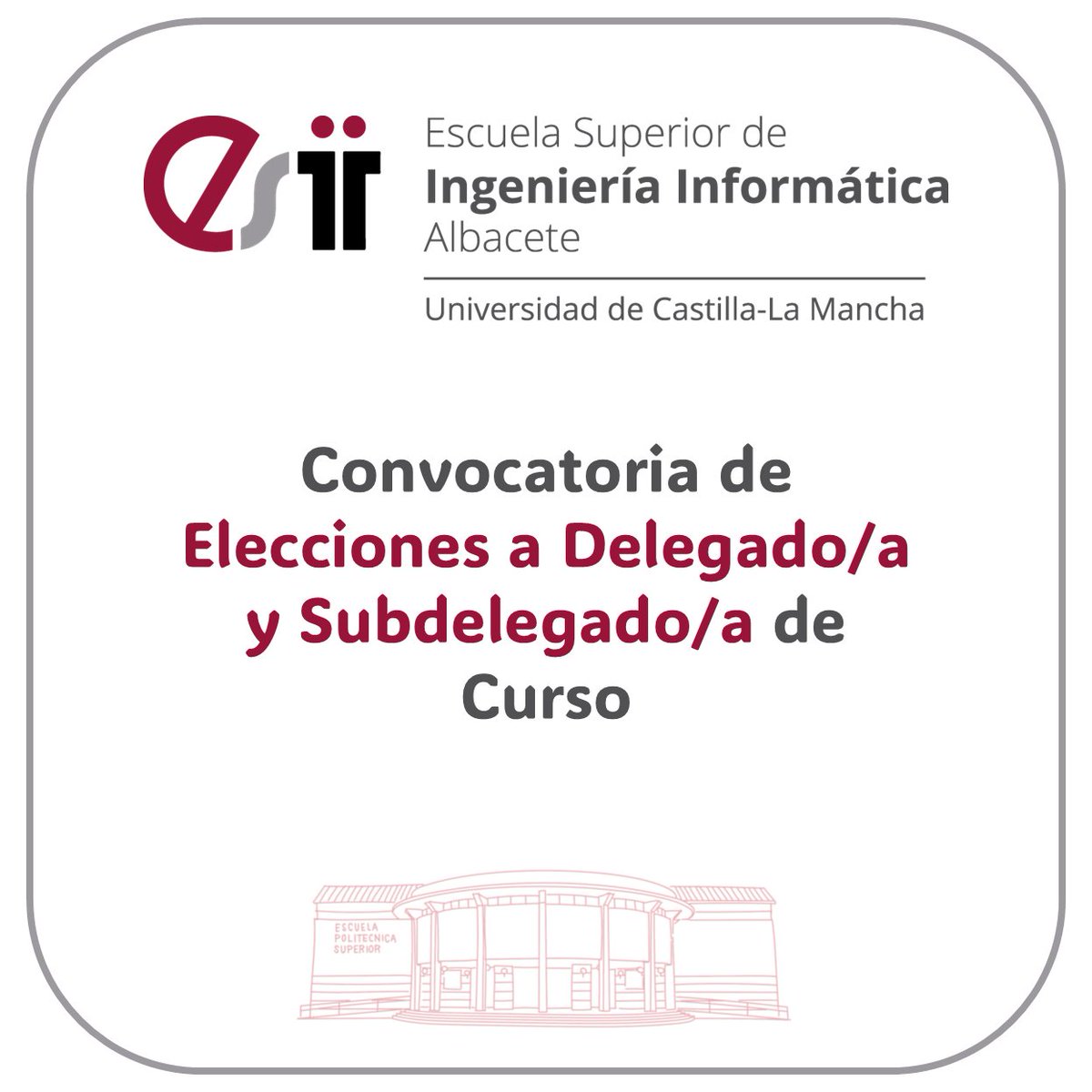 esiiab's tweet photo. 🗳️ ¡Elecciones a Delegado/a y Subdelegado/a - Curso 2026/27!  

📝 Candidaturas en Secretaría: del viernes 2 de octubre hasta las 12:00 h del martes 6 de octubre.

✅ Votación: jueves 8 de octubre.

¿Quieres representar a tu curso? 👇
 https://t.co/FvmTuVBdqx  

@esiiab @uclm_es https://t.co/eO22XnOZBT