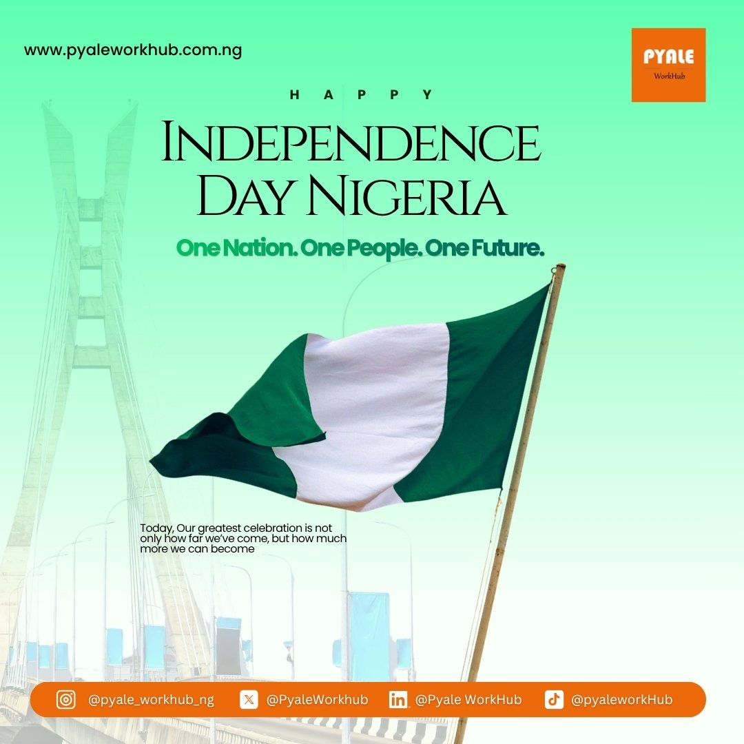 PyaleWorkhub's tweet photo. 🇳🇬 Happy Independence Day, Nigeria! 💚🤍💚

Today, we celebrate our people, our progress, and the promise of a brighter future.

Here’s to a better Nigeria. 🇳🇬

Happy Independence Day from all of us at Pyale Workhub! 🧡

#HappyIndependenceDay #Nigeria #October1st #PyaleWorkhub https://t.co/ntjlSkepsc