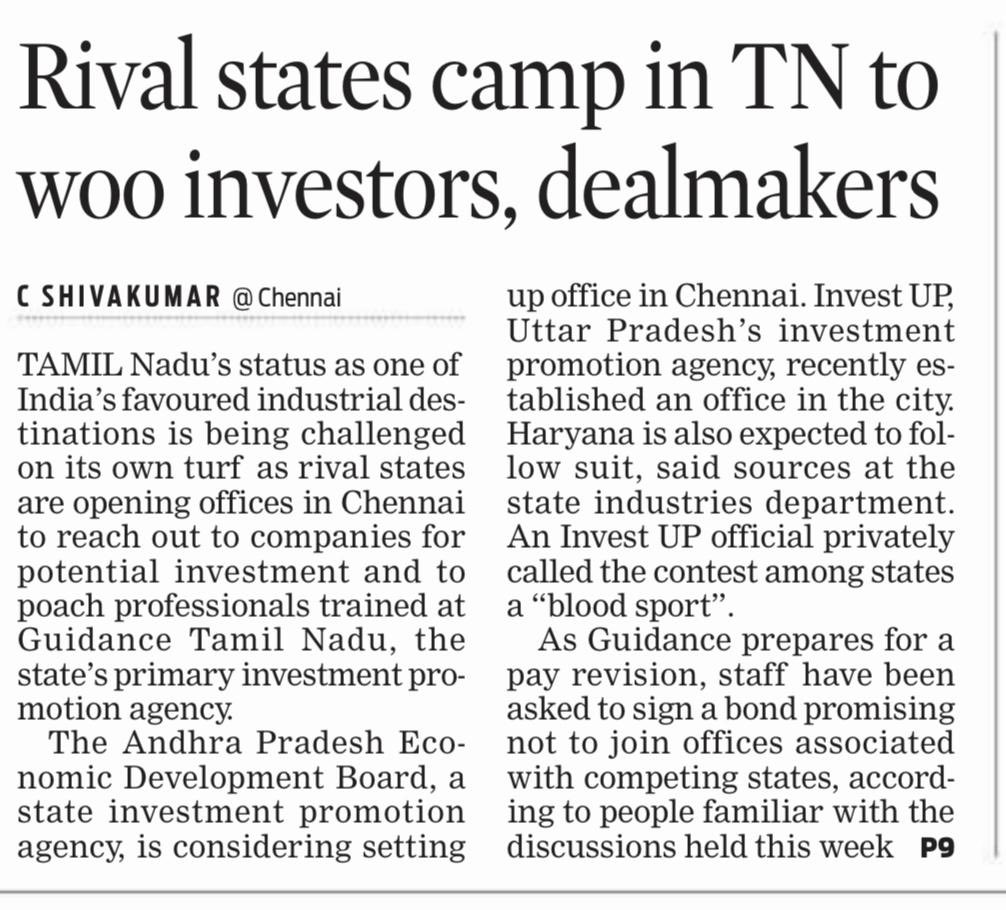 TRBRajaa's tweet photo. This should worry anyone who cares about #TamilNadu’s investment competitiveness.

Rival States are reportedly trying to recruit Guidance Tamil Nadu’s trained investment professionals who are people carrying years of investor relationships, sector knowledge and institutional memory.

The concern is apparently serious enough for Guidance to consider bonds restricting moves to other State agencies. 

During the #DMKGovt, we built a formidable and highly professional team at Guidance.

One doesn't retain talent with bonds. Talent is retained by rewarding, empowering and respecting people.

With competing States now setting up shop in Chennai itself, the TVK Govt must protect and empower Team #Guidance_TN.

There are some truly exceptional young professionals who are passionate about Tamil Nadu, experienced in dealing with global giants, and carrying years of institutional knowledge.

Give them the freedom, recognition and respect they deserve.

Because when you lose good people, you don’t just lose talent. You risk losing the relationships and investment pipeline they built over years !
#InvestInTN