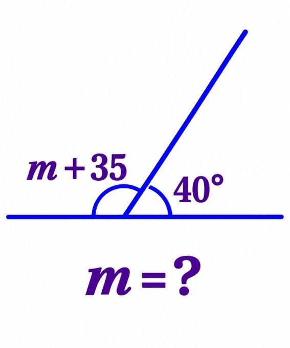 A geometry diagram showing two adjacent angles on a straight line, measuring m + 35 and 40 degrees, asking to solve for m.