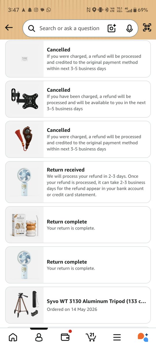 Kjpolo0112's tweet photo. I don't know what's wrong with amazon, my orders are getting cancelled whether they're prepaid or COD, tried everything, customer support has no answers, didn't get reply from mail. Updated my KYC as well, dropped my prime membership &amp; told thm reason but no help. 
@AmitAgarwal https://t.co/ImrLDdZEwF
