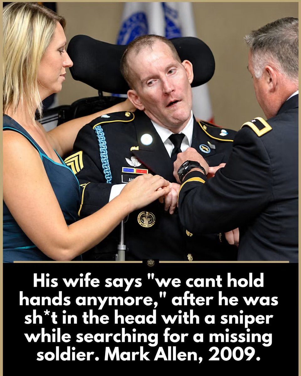 JBMAGA03's tweet photo. Master Sgt. Mark Allen was shot in the head by a sniper in July 2009 while searching for Bowe Bergdahl, who walked off his post in Afghanistan.

His wife Shannon later told a military court: “We can’t hold hands anymore, unless I pry open his hand and place mine in it.” He couldn’t walk. He couldn’t speak. She became his caregiver. He died in 2019 from those wounds, at 46.

Bergdahl got a dishonorable discharge and no prison time. Obama traded five Taliban commanders to bring him home.

Remember the man who went looking for a missing soldier. Not the one who left.