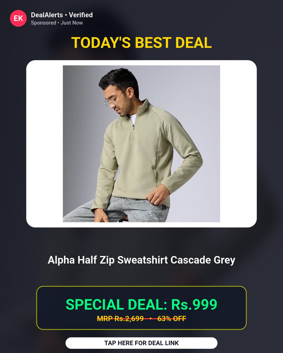 BanotaRajesh's tweet photo. Lowest price we've seen so far. Alpha Half Zip Sweatshirt Cascade Grey at 15% Off

Rs.999 (was Rs.2699)

Buy Now: https://t.co/hDXpAjkoeX

#AlphaHalfZip #CascadeGrey #SweatshirtSale #FashionDeal #StreetStyle https://t.co/MUWliUpsJ1