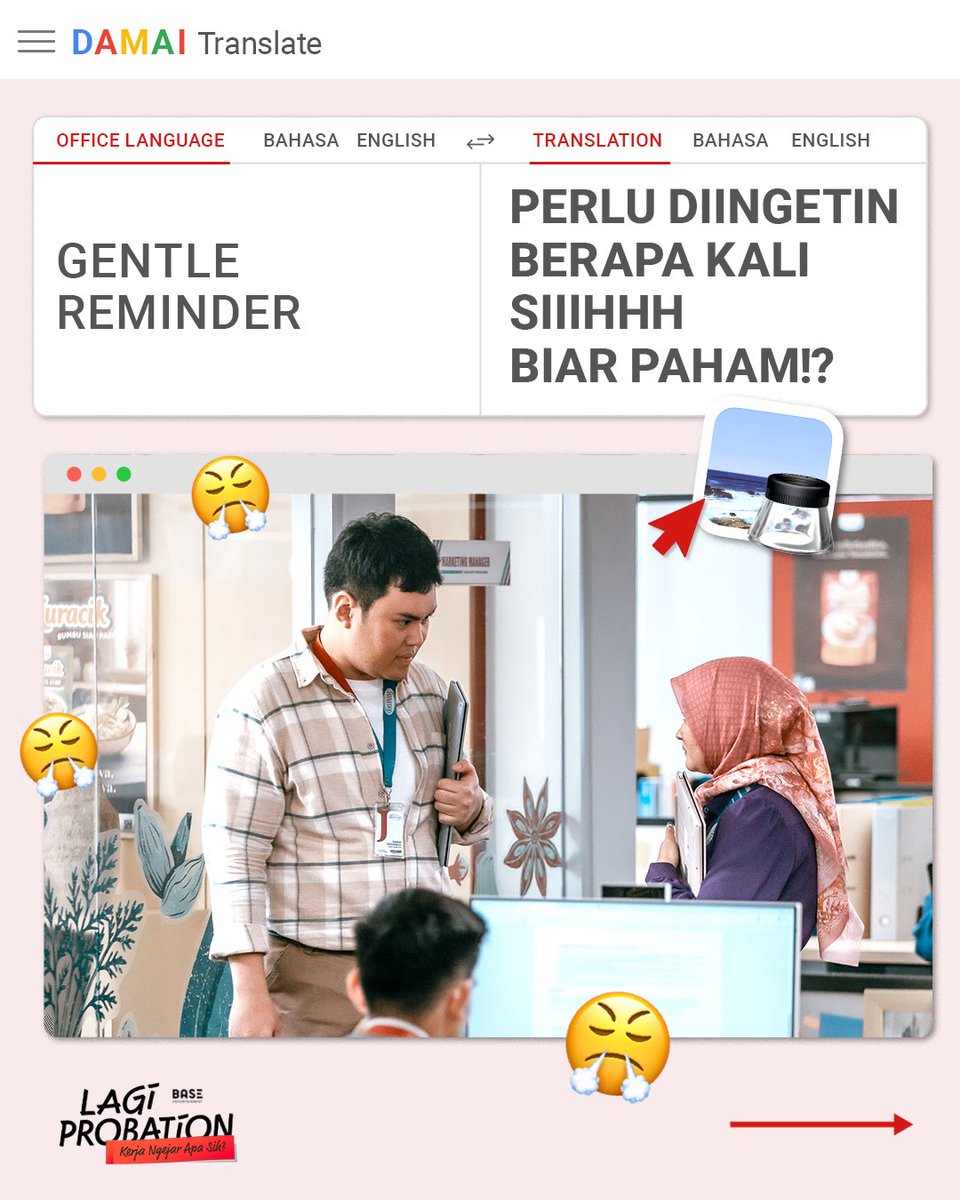 BaseEntID's tweet photo. Bahasa Korporat 101 ๐ Udah tau belooom? sini Mimin kasih tau.
Coba geser slidenya โก๏ธ
Mau tau lebih banyak lagi? Bisa kamu tonton di film LAGI PROBATION, 12 November 2026 hanya di bioskop!
#LagiProbation
#FilmLagiProbation https://t.co/b3p410wlfv