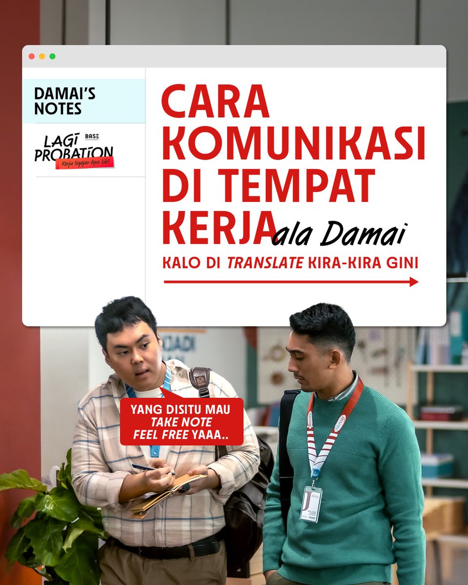 BaseEntID's tweet photo. Bahasa Korporat 101 ๐ Udah tau belooom? sini Mimin kasih tau.
Coba geser slidenya โก๏ธ
Mau tau lebih banyak lagi? Bisa kamu tonton di film LAGI PROBATION, 12 November 2026 hanya di bioskop!
#LagiProbation
#FilmLagiProbation https://t.co/b3p410wlfv