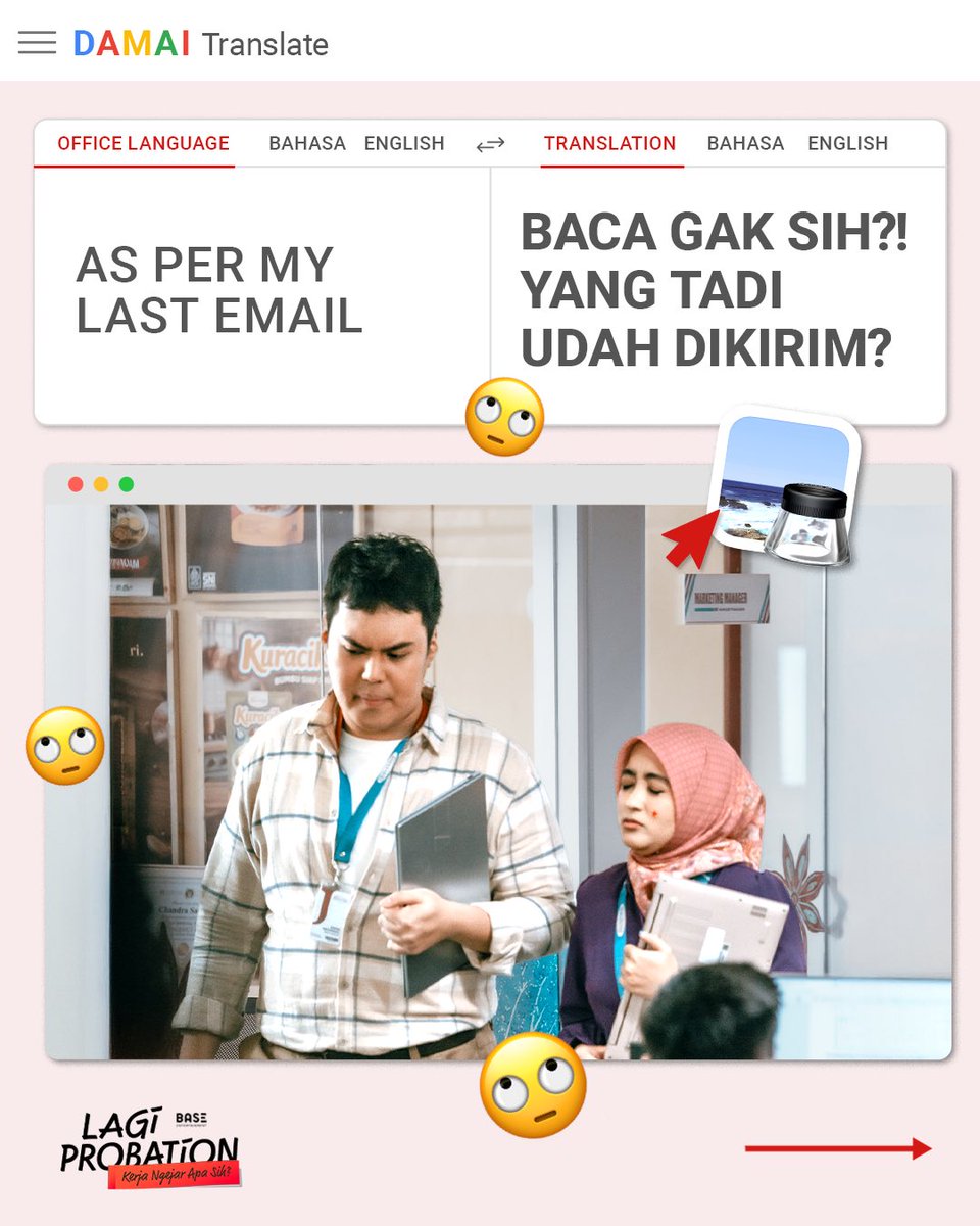 BaseEntID's tweet photo. Bahasa Korporat 101 ๐ Udah tau belooom? sini Mimin kasih tau.
Coba geser slidenya โก๏ธ
Mau tau lebih banyak lagi? Bisa kamu tonton di film LAGI PROBATION, 12 November 2026 hanya di bioskop!
#LagiProbation
#FilmLagiProbation https://t.co/b3p410wlfv