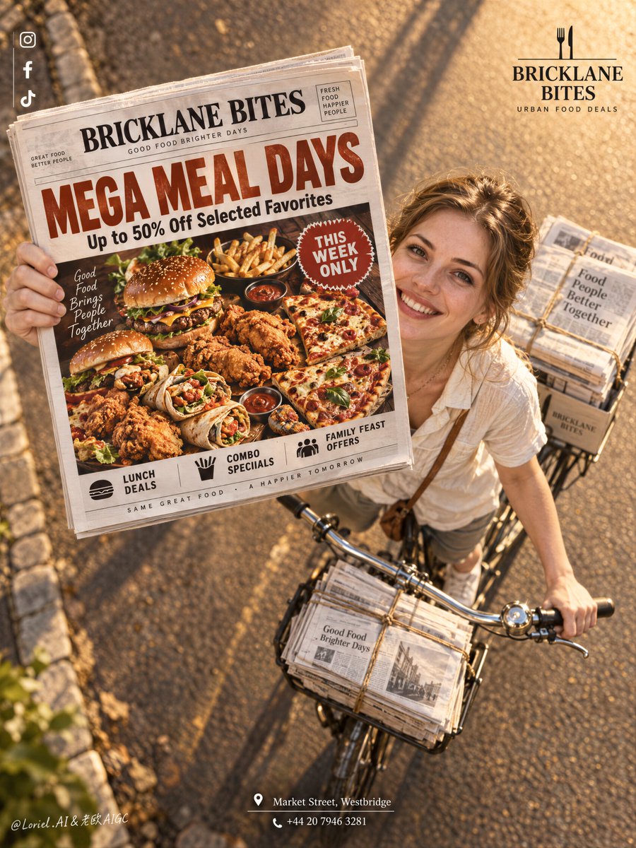ou_zhen599's tweet photo. The newspaper works because it is not a prop—it is the poster inside the poster.
🗞️ newspaper lifted toward the lens in the upper-left center, enlarged by forced perspective, with the rider and bicycle receding diagonally behind it
The promotion reads before the street scene. You get a believable delivery moment without sacrificing the food offer’s legibility.
🍔 treat the newspaper front page as a complete food-ad layout: one oversized headline, one hero platter, one compact urgency badge
This keeps the offer instantly scannable even at a distance. The print feels like a real promotional object, not texture pasted over a photograph.

GPT- image 2.5 prompt👇
A premium restaurant promotion poster for fictional dining brand BRICKLANE BITES, merging street charm, material precision, and graphic clarity into one image. Preserve the exact structure: a dramatic high-angle overhead view of a bicycle moving along a warm sunlit road, an adult Western white girl looking up and smiling while extending a newspaper directly toward the camera, tied newspaper bundles on the bicycle, a small brand mark in the upper right, a clean vertical social-icon strip in the upper left, and a centered address block near the bottom. The newspaper front page remains the absolute visual leader.

The girl is photoreal, adult, naturally attractive, and believable, with realistic skin texture, subtle pores, natural lips, soft facial structure, correct head-neck-shoulder proportion, elegant hands with five normal fingers, believable wrists and elbows, natural posture, and no distortion. She wears a simple light cream short-sleeve shirt with relaxed summer styling, authentic rather than fashion-forward. She rides the bicycle and looks up with a bright persuasive smile, but stays secondary to the newspaper and its promotion.

The camera angle is critical: a top-down three-quarter overhead shot, with the bicycle diagonally crossing the lower right quadrant and the newspaper lifted toward the lens in the upper-left-central area, creating a bold forced-perspective moment. The road is warm and glowing with golden-hour sunlight, long soft shadows, subtle edge stones, and clean depth. The bicycle is classic and practical, with realistic metal handlebars, front tied bundles, rear stacks of paper, and believable weight balance. The whole image should feel like Orbit, Transit, and Port fused together: emotionally inviting, materially exact, and graphically elevated.

The newspaper front page is fully redesigned in English as a restaurant mega-discount promotion. Use a bold premium food-ad layout with a large appetizing hero spread of burgers, fried chicken, loaded fries, wraps, and pizza slices arranged in a dramatic overhead tray or platter, with rich warm highlights, crisp fried texture, glossy sauces, and irresistible realism. Use one giant original English headline such as “MEGA MEAL DAYS” or “BIG BITES, SMALLER PRICES”, plus one strong support line such as “Up to 50% Off Selected Favorites”. Add only a few smaller clean sub-lines like “Lunch Deals”, “Combo Specials”, “Family Feast Offers”, and one compact badge like “This Week Only”. Keep the newspaper typography sharp, readable, premium, and uncluttered.

Branding is minimal and elegant. Upper right: a clean BRICKLANE BITES logo with a short descriptor such as “Urban Food Deals”. Upper left: minimal social icons aligned vertically. Bottom center: one refined English address-and-contact block such as “Market Street, Westbridge” and one phone line. Outside the newspaper, keep text restrained so the printed promo page carries most of the communication.

Lighting is warm, cinematic, and commercially precise: golden-hour key light from the upper side, soft facial glow on the girl, crisp highlights on the newspaper edges, readable print contrast, gentle metallic reflections on the bicycle handlebar, and strong volume without muddy shadows or clutter. Color hierarchy: 55% warm amber road and sunlight, 25% cream and white newspaper tones, 20% rich food colors including red, golden brown, lettuce green, and sauce accents. Materials must feel hyperreal and tactile: printed paper grain, folded newspaper edges, twine-bound stacks, metal bicycle parts, realistic skin, cotton shirt fabric, crisp fried crust, glossy sauces, and clean commercial food photography embedded in the newspaper design. The final image should feel like a Cannes-level food-promo campaign fused with a street-distribution photograph: persuasive, warm, premium, clean, and highly readable.