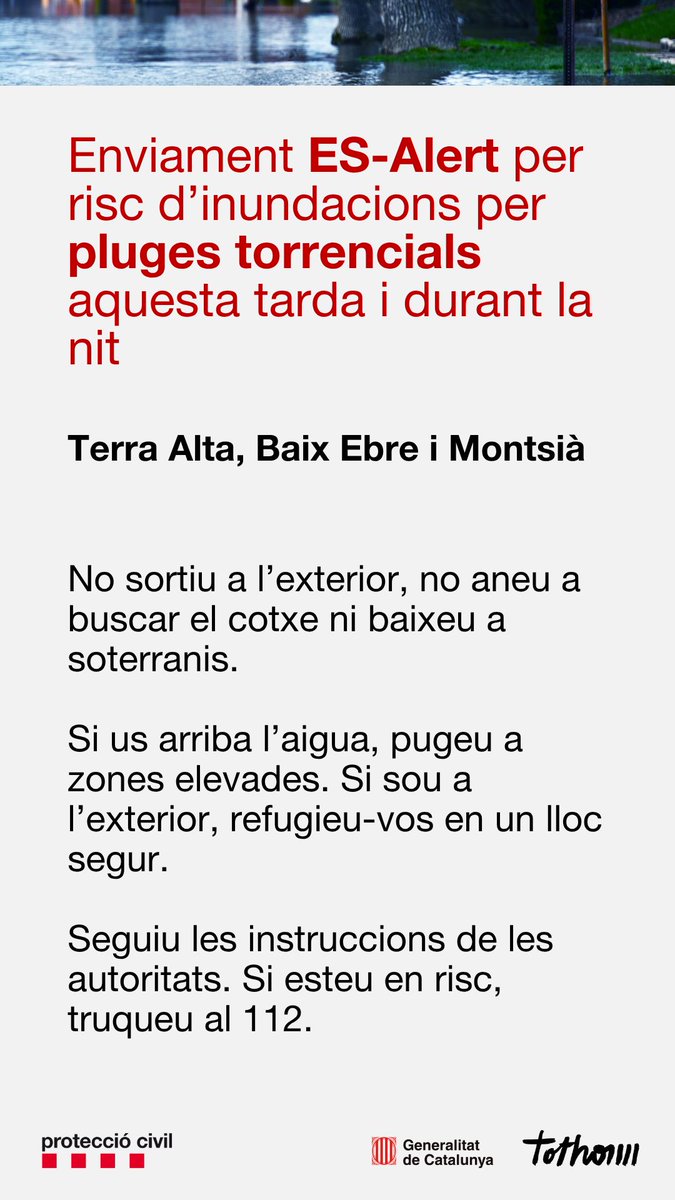 emergenciescat's tweet photo. 📲 També s’enviarà un segon #ESAlert a la Terra Alta, Baix Ebre i Montsià per pluges intenses que poden quedar estacionàries durant la tarda, el vespre i la nit.

⚠️ Risc d’inundacions sobtades
🚗 Extremeu la precaució en la mobilitat
📢 Seguiu les indicacions de les autoritats https://t.co/0SCsPdGAg7