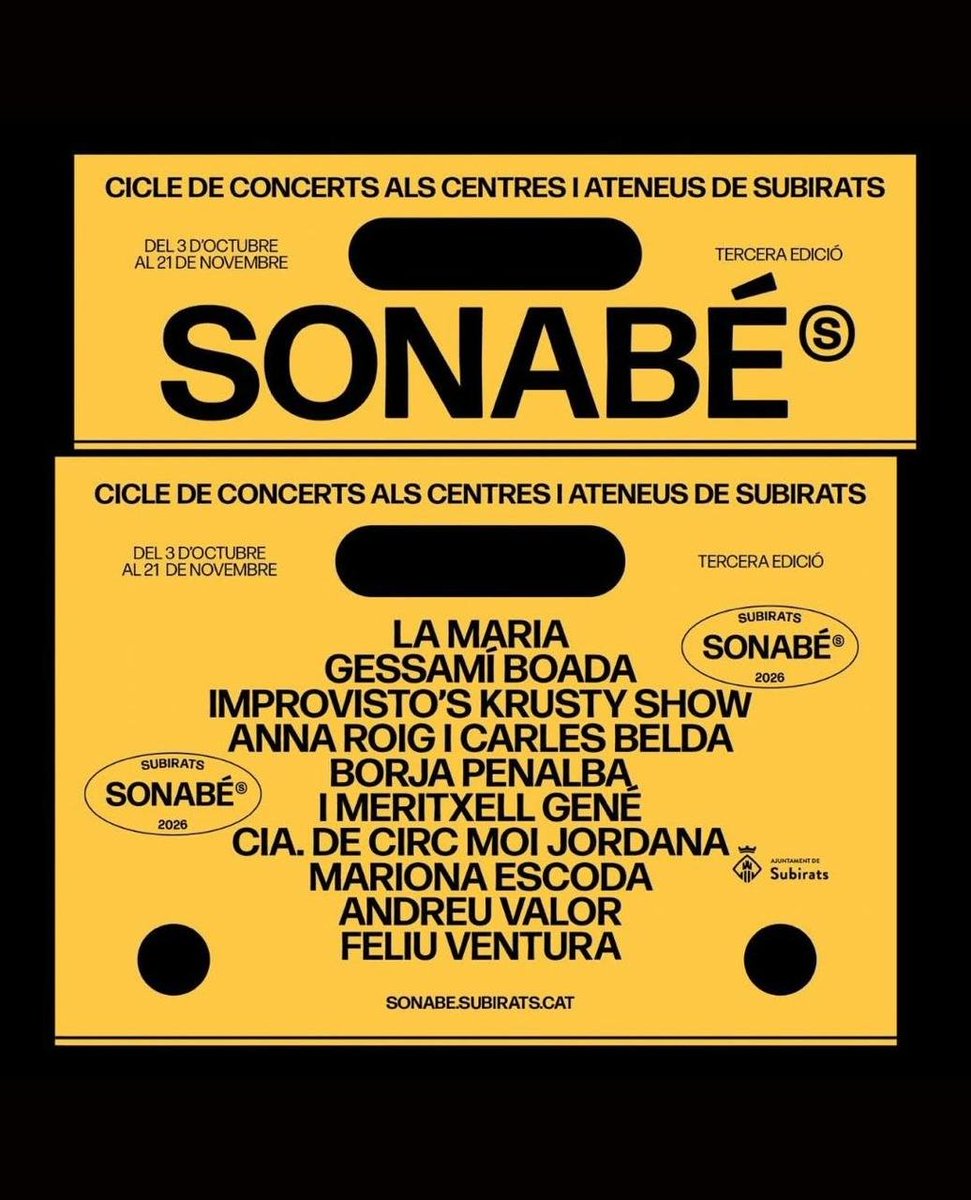 quesoni's tweet photo. 🟡⚫ SONABÉ ⚫🟡

Dissabte arrenca la 3a edició del Sonabé a #Subirats, festival que va nèixer amb l’objectiu de promocionar els diferents ateneus i centres agrícoles que hi ha al municipi a través d’un cicle de concerts acústics en català. https://t.co/4jurh7zU4y
