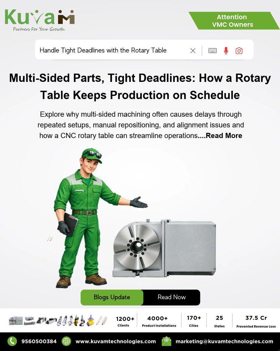 kuvamTechnology's tweet photo. How a Rotary Table Prevents Multi-Sided Parts from Blowing Your Delivery Deadlines and Gets You Back on Schedule ⚙️⏱️
Read the complete blog.📃Link in the comments.👇
#rotarytable #IncreaseProductivity #rotarytableforvmc #4thaxisrotarytable #doubleproductivity https://t.co/sV73ZIceJJ