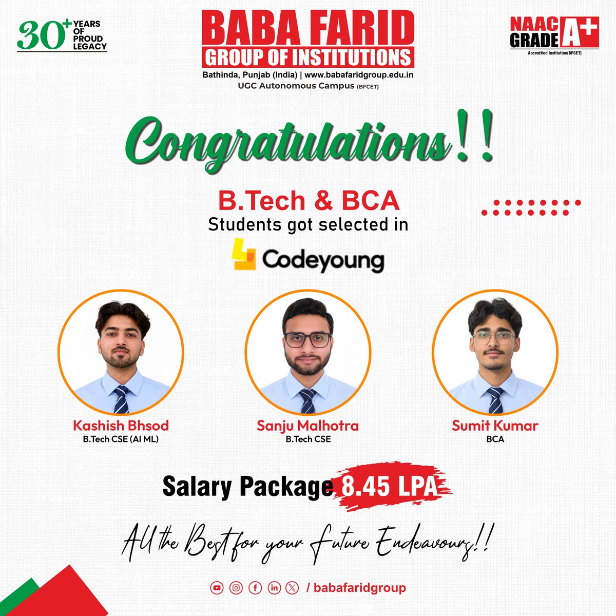 BabaFaridGroup's tweet photo. FROM CAMPUS TO CAREER | #BFGI
A proud placement milestone as our https://t.co/VSRRUa1mZs & BCA students secure opportunities with Codeyoung at an impressive ₹8.45 LPA package!
Talent. Skills. Opportunity. Success.
#Codeyoung #CampusPlacement #PlacementSuccess #BFGIBathinda https://t.co/VEFDy16OQf
