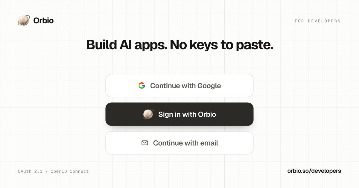 orbiodotso's tweet photo. OAuth for apps is here.

Now your app can let users sign in with Orbio and pay for their own AI from their balance. 

No API keys to paste. https://t.co/CvptQmvbrj