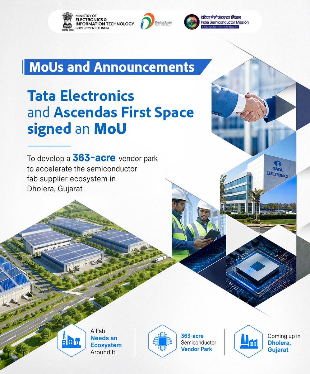 GoI_MeitY's tweet photo. Suppliers located closer to manufacturing facilities can strengthen the supporting ecosystem around semiconductor fabs. The proposed vendor park in Dholera is designed to create that enabling environment.

Read: https://t.co/Xnw6tVl7M9

#SEMICONIndia2026 @SemiconIndia https://t.co/x3bw8J1aaf