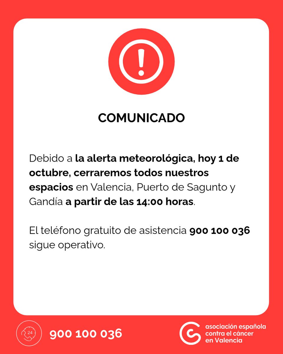 ContraCancerVAL's tweet photo. Debido a la alerta meteorológica, hoy las sedes de Valencia, Gandía y Puerto de Sagunto permanecerán abiertas hasta las 14:00 h.
La atención telefónica gratuita en el 900 100 036 continúa operativa.
Seguiremos informando de cualquier cambio a través de nuestros canales habituales https://t.co/9YXs8EQRtD