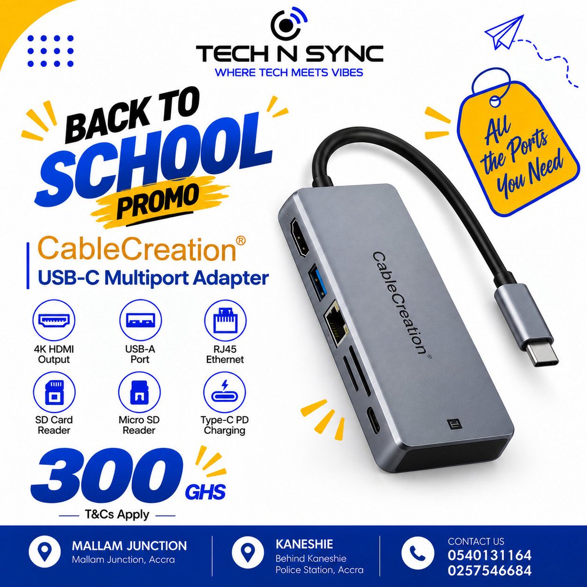 technsync's tweet photo. 🚨 BACK TO SCHOOL PROMO IS HERE! 🎒💻Upgrade your setup for just GHS 300! 🔥Get the CableCreation USB-C Multiport Adapter with HDMI, USB-A, RJ45 Ethernet, SD &amp; Micro SD readers + Type-C PD charging. ⚡Perfect for students, work, presentations &amp;everyday tech needs! 😍📍 Mallam https://t.co/hLkDGAhQNH