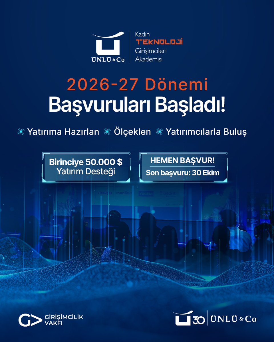 unluco's tweet photo. Kadın Teknoloji Girişimcileri Akademisi’nde yeni dönem başlıyor! 🚀

Teknoloji girişimini büyütmeye, yatırıma hazırlanmaya ve yatırımcılarla buluşmaya hazır mısın?

Türkiye Girişimcilik Vakfı iş birliğiyle 10 yıldır sürdürdüğümüz ÜNLÜ & Co Kadın Teknoloji Girişimcileri Akademisi, ikinci 10 yılına daha güçlü bir yatırım ve global büyüme odağıyla giriyor.

2026–2027 döneminde girişimciler; yatırım süreçlerine hazırlanma, ölçeklenme ve yatırımcılarla buluşma fırsatlarıyla girişimlerini bir sonraki aşamaya taşıyacak.

🏆 Birinci girişime 50.000 $ yatırım desteği
📅Son başvuru: 30 Ekim 2026

Teknoloji alanında faaliyet gösteren, büyüme ve yatırım hedefi bulunan bir girişimin varsa sen de başvur!

Başvuru için: https://t.co/s2nhjYcrs0

Detaylı bilgi için: https://t.co/SrVcDEFoPA

#ÜNLÜCo #KTGA #KadınTeknolojiGirişimcileriAkademisi #KadınGirişimciliği #TeknolojiGirişimciliği #Girişimcilik #KTGA10Yıl