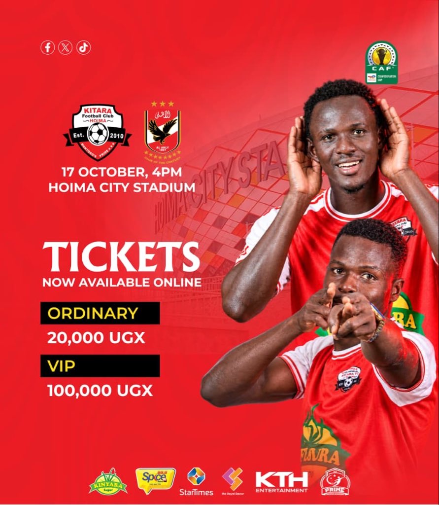 Fayth_Bryllyan's tweet photo. https://t.co/a6dA6k3GhI
Tap in this link above to buy your ticket for our CAF confederation cup second 🥳🥳🥳🔥preliminary game against Al Ahly at Hoima city stadium on 17th October 2026 at 4pm.
NB.All tickets are online.
V.I.P 100K and 20k ordinary.
#KITALH https://t.co/g3G0bYIoJQ