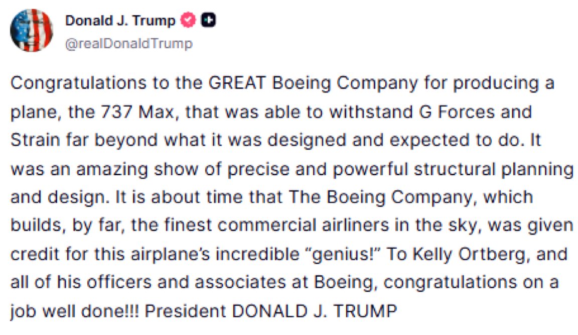 Real_Nesaara's tweet photo. 🚨 BOEING BUILT A TANK.

A flydubai 737 MAX dropped ~14,000 FEET in under 30 seconds after the co-pilot allegedly STABBED the captain on a flight to Tel Aviv.

Rudder shredded. G-forces way past design limits.
The jet held. Everyone landed.

President Trump just congratulated Boeing and CEO Kelly Ortberg: precise, powerful structural design. 

About time American engineering got the credit.

Built in America. Still the best in the sky