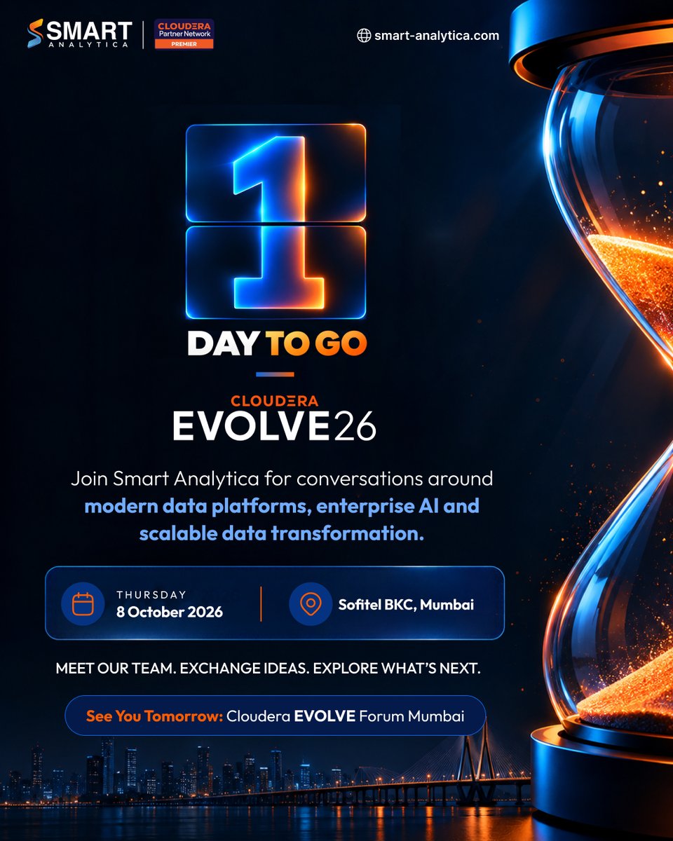 smart_analytica's tweet photo. 1 day to go! 

Tomorrow, we’re at Cloudera EVOLVE Forum Mumbai. Join Smart Analytica for conversations on Data, AI &amp; enterprise transformation.

📍 Sofitel BKC | 8 October

See you there!

#ClouderaEVOLVE #EVOLVEForum #SmartAnalytica https://t.co/RA1B1j3RrG