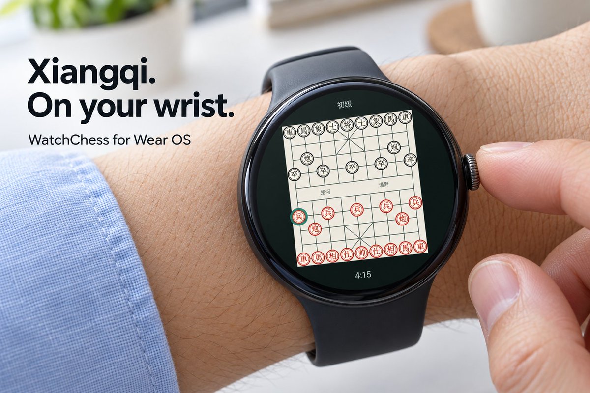 ying_wang's tweet photo. 我的手表象棋 App WatchChess 上线了！在 Wear OS 手表上就能下中国象棋，还能用表冠选择棋子和落点，不必在小屏幕上精准点按。支持离线 AI 对弈，四档难度。 https://t.co/PrR0zW4dux