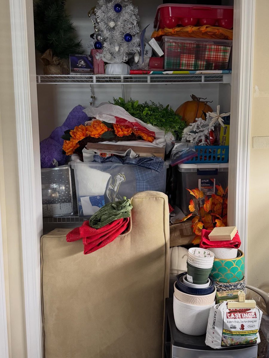 AlanEcko's tweet photo. Limited storage doesn’t mean impossible. By rethinking what goes in bins and on shelves, this client made room for seasonal decor and garden supplies. A positive mindset turned overwhelm into possibility. https://t.co/Zz1zzCfkVi