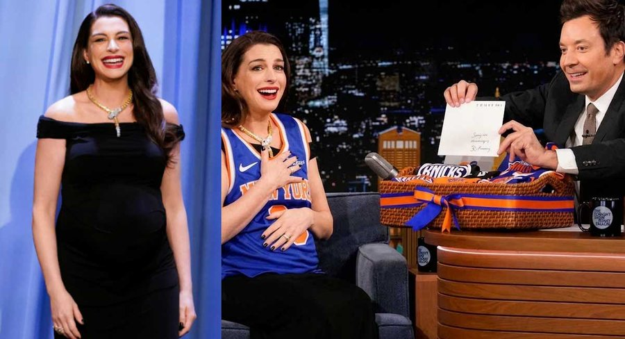 dailypointnews's tweet photo. Jimmy Fallon surprised Anne Hathaway with a signed OG Anunoby Knicks jersey and baby gifts during her appearance on The Tonight Show. The actress later faced a tough “Best Thing Ever” game, choosing a Knicks championship over another Oscar.
#JimmyFallon #AnneHathaway #TonightShow #OGAnunoby #NewYorkKnicks #CelebrityNews #Entertainment #dailypoint