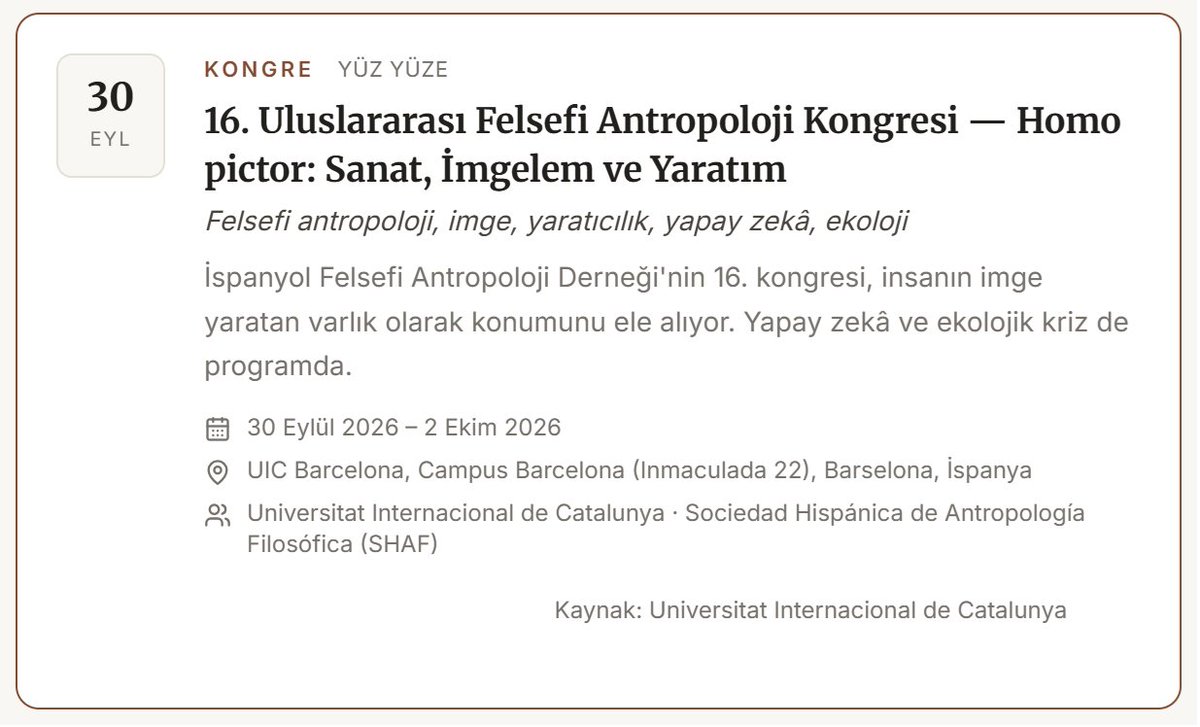 felsefehaberler's tweet photo. 16. Uluslararası Felsefi Antropoloji Kongresi 30 Eylül 2026 – 2 Ekim 2026 arasında gerçekleşiyor — Homo pictor: Sanat, İmgelem ve Yaratım. https://t.co/HFi8FNevhR