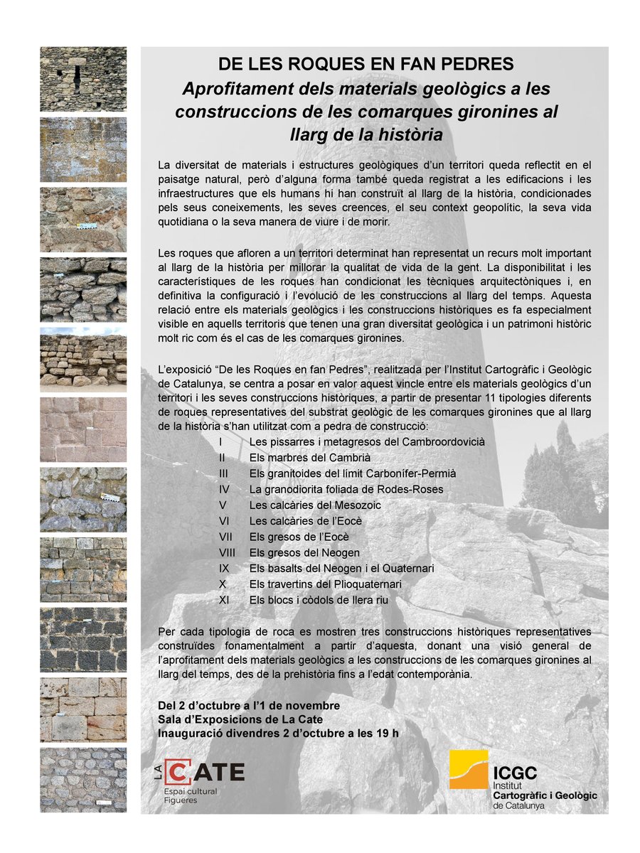 ICGCat's tweet photo. L'exposició "De les roques en fan pedres" arriba al Patronat de La Catequística de Figueres, del 2  d'octubre a l'1 de novembre. Descobreix l’origen de les pedres de construccions singulars de les nostres comarques.
📍 Ronda Rector Arolas, 4
👉 https://t.co/GotFuOyKxn https://t.co/fL4h4zPOdE
