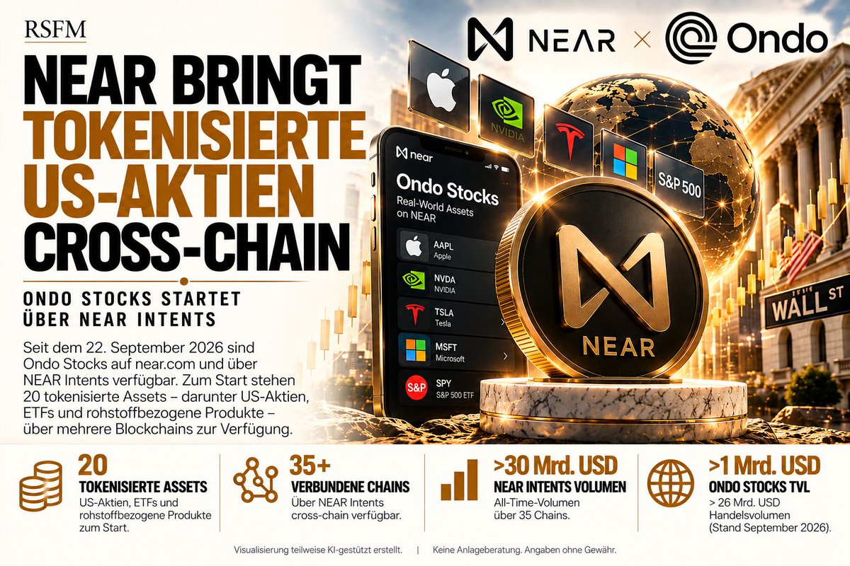 RSFM_Official's tweet photo. ◉ NEAR BRINGT TOKENISIERTE US-AKTIEN CROSS-CHAIN

NEAR entwickelt sich zunehmend von einer klassischen Layer-1-Blockchain zu einer Infrastruktur, die verschiedene Blockchains und reale Finanzwerte miteinander verbindet.

Der jüngste Schritt:

Ondo Stocks ist jetzt auf https://t.co/HlXwuCTQkT und über NEAR Intents verfügbar.

Zum Start können Nutzer auf 20 tokenisierte Assets zugreifen – darunter US-Aktien, ETFs und rohstoffbezogene Produkte.

Mit dabei sind unter anderem:

→ Apple
→ NVIDIA
→ Tesla
→ Microsoft
→ QQQ
→ Gold- und Silber-ETFs

Doch die eigentliche Story geht deutlich über diese 20 Assets hinaus.

NEAR Intents fungiert bei der Integration als Cross-Chain-Distribution-Layer.

Das bedeutet:

Tokenisierte Assets können über die mit NEAR Intents verbundenen Wallets, Apps und Blockchains verteilt und gehandelt werden, ohne dass Nutzer die technische Komplexität verschiedener Netzwerke selbst verwalten müssen.

Die Infrastruktur hat inzwischen eine beachtliche Größenordnung erreicht:

→ $30+ Mrd. All-Time-Volumen
→ 35 verbundene Chains
→ Ondo Stocks: $1+ Mrd. TVL
→ Ondo Stocks: $26+ Mrd. Handelsvolumen

Und genau hier liegt für uns der entscheidende Punkt.

Die Tokenisierung von Aktien allein ist nicht die größte Entwicklung.

Entscheidend wird die Infrastruktur, über die diese Assets anschließend blockchainübergreifend verteilt, gehandelt und in andere Anwendungen integriert werden können.

NEAR versucht genau diese Ebene aufzubauen.

Nicht jede Blockchain benötigt ihre eigene isolierte Liquidität.

Stattdessen könnte eine Cross-Chain-Ausführungsschicht Kapital, Nutzer und Assets über viele Netzwerke hinweg miteinander verbinden.

Wenn immer mehr Aktien, ETFs, Rohstoffe und andere Real-World Assets onchain kommen, könnte genau diese Interoperabilität zu einem entscheidenden Bestandteil der neuen Finanzinfrastruktur werden.

NEAR positioniert sich damit an einer spannenden Schnittstelle:

Cross-Chain-Infrastruktur × Tokenisierung × traditionelle Kapitalmärkte.

Für uns ist NEAR deshalb aktuell deutlich interessanter als nur das Narrativ eines weiteren Layer-1-Netzwerks.

Die Frage ist zunehmend:

Wer stellt die Infrastruktur bereit, wenn Wall Street wirklich multichain wird?

#NEAR #RWA #Tokenization