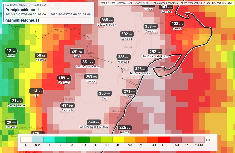 Stormyalert's tweet photo. POR FAVOR, MUCHA PRECAUCIÓN!!⚠️
Acaba de actualizarse el modelo Harmonie-Arome y es una completa barbaridad, ojala no se cumpla.
ESta ultima actualizacion muestra la posibilidad de que se puedan acumular hasta 500mm en las proximas 48h en algunas zonas de la comarca del Montsià. Y podrian acumularse hasta 200-300mm en muchos puntos del litoral y prelitoral del norte de Castellón!
Mucho cuidado si os ecnontrais en la zona, seguid las indicaciones de los servicios de emergencia.
#euwx #Meteo #Weather #Lluvia
