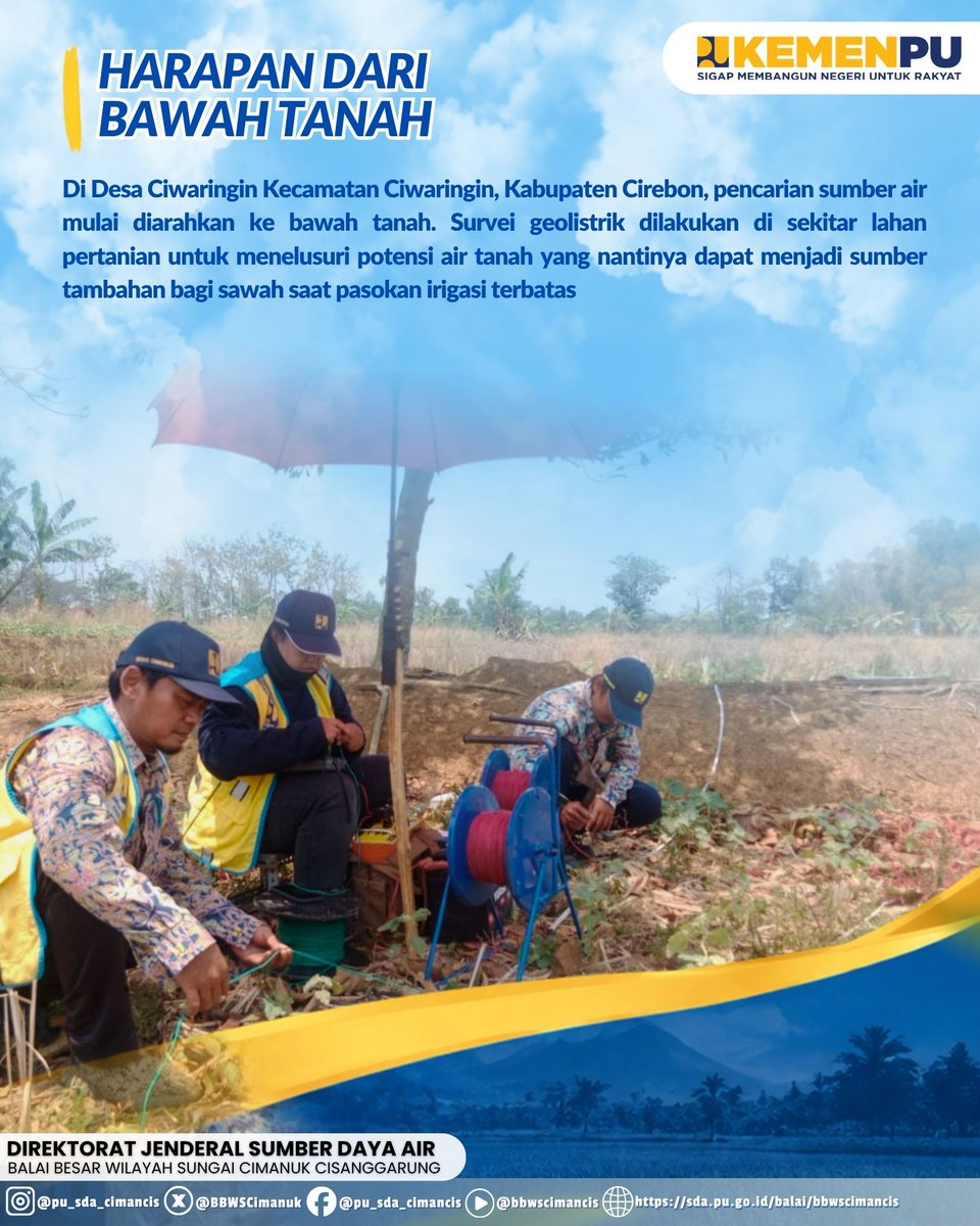 BBWSCimanuk's tweet photo. Di Desa Ciwaringin, Kab. Cirebon, survei geolistrik dilakukan untuk mencari potensi air tanah yang bisa membantu sekitar 17 hektare sawah di Daerah Irigasi Walahar.

#sigapmembangunnegeriuntukrakyat
#mengelolaairuntuknegeri
#bersamamenjagaair
#jagaketersediaanair
#bbwscimancis https://t.co/tGHYABofCG