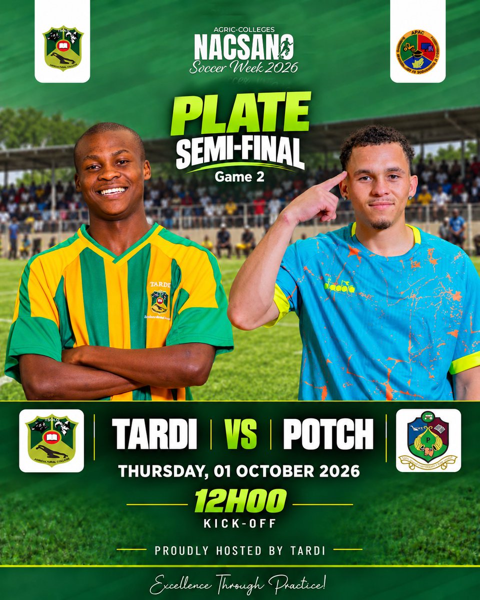 TARDI540202's tweet photo. PLATE SEMI-FINAL 2 IS HERE! ⚽🔥

Host institution TARDI locks horns with Potch in a high-stakes Plate Semi-Final Game 2 showdown! High pressure, electric home energy and a place in the Plate Final on the line 🏆⚡

#NACSANO2026 #PlateSemiFinal #MatchDay #Day6 #APAC #TARDI https://t.co/bLG6UZxw12