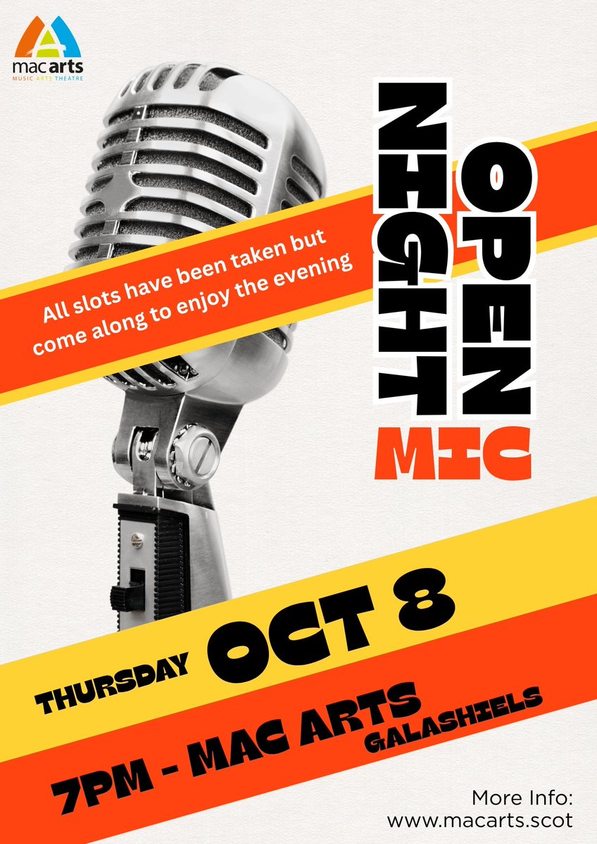 macartsscotland's tweet photo. Our next Open Mic Night is Thursday 8th October at 7pm. 
FREE ENTRY https://t.co/k5GaWp4a2i