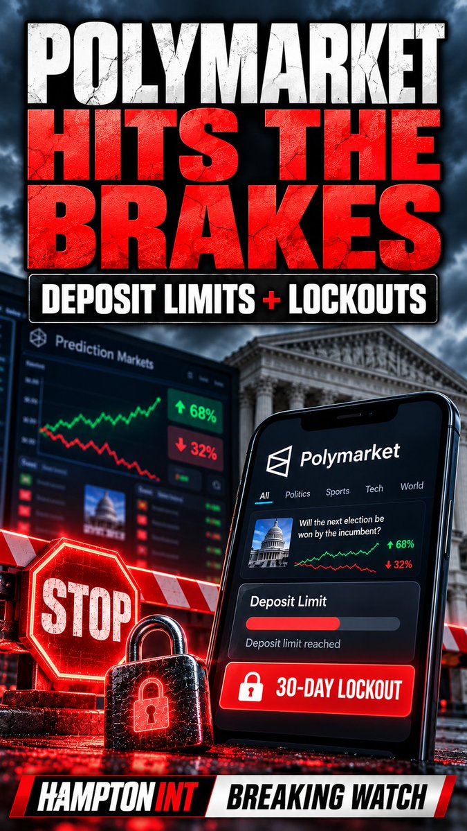 HamptonI57601's tweet photo. Polymarket just added deposit limits, cooling-off periods and 30-day-to-lifetime lockouts. If prediction markets aren’t gambling, why do they need gambling-style protections? 👀
Education only—not gambling or financial advice. https://t.co/WSca1QL7Io