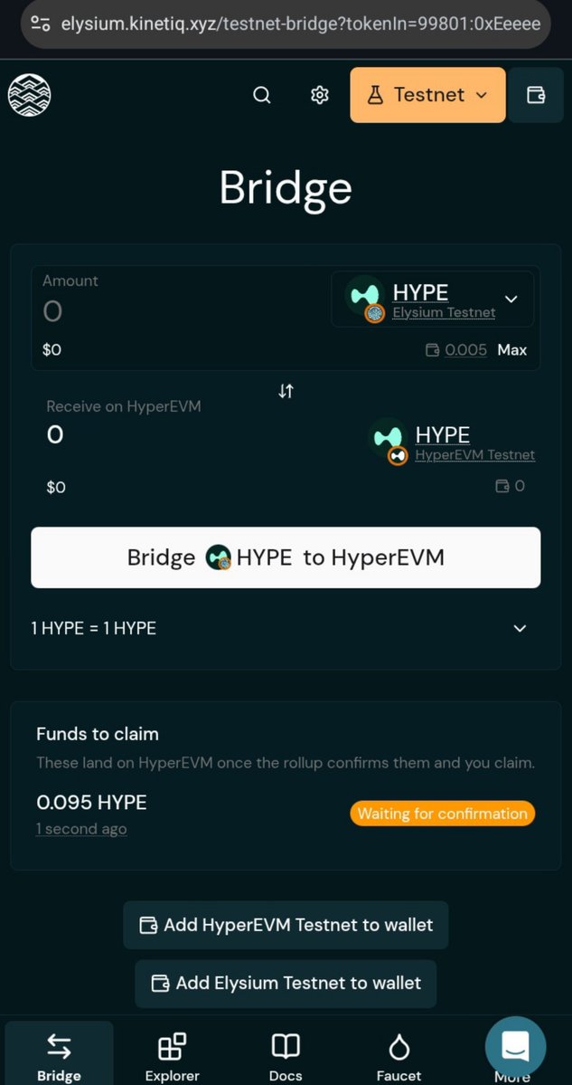 football_crn's tweet photo. 2️⃣ Bridge Tokens
• Navigate to https://t.co/BB9i9LbIOl.
• Click "Add HyperEVM Testnet to wallet".
• Input the amount of $HYPE you wish to bridge.
• Click "Bridging HYPE to HyperEVM" to execute the transfer.
#CryptoBridge #DeFi #HyperEVM #ElysiumTestnet https://t.co/ffrqrugSfv