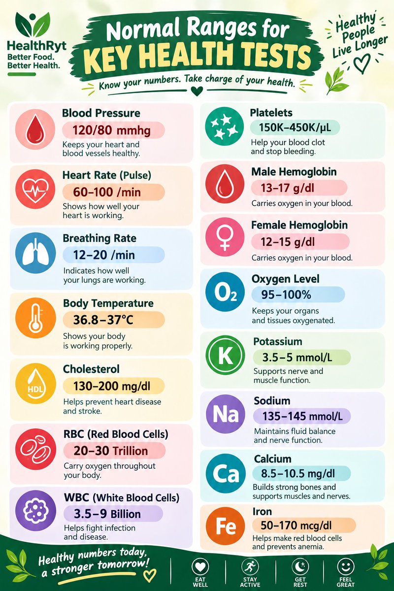 HealthRyt's tweet photo. From blood pressure to iron levels, this quick reference helps you understand what your lab results are actually telling you.
#HealthTests #NormalRanges #HealthScreening #WellnessTips #HolisticHealth https://t.co/qPMzCQEkwd