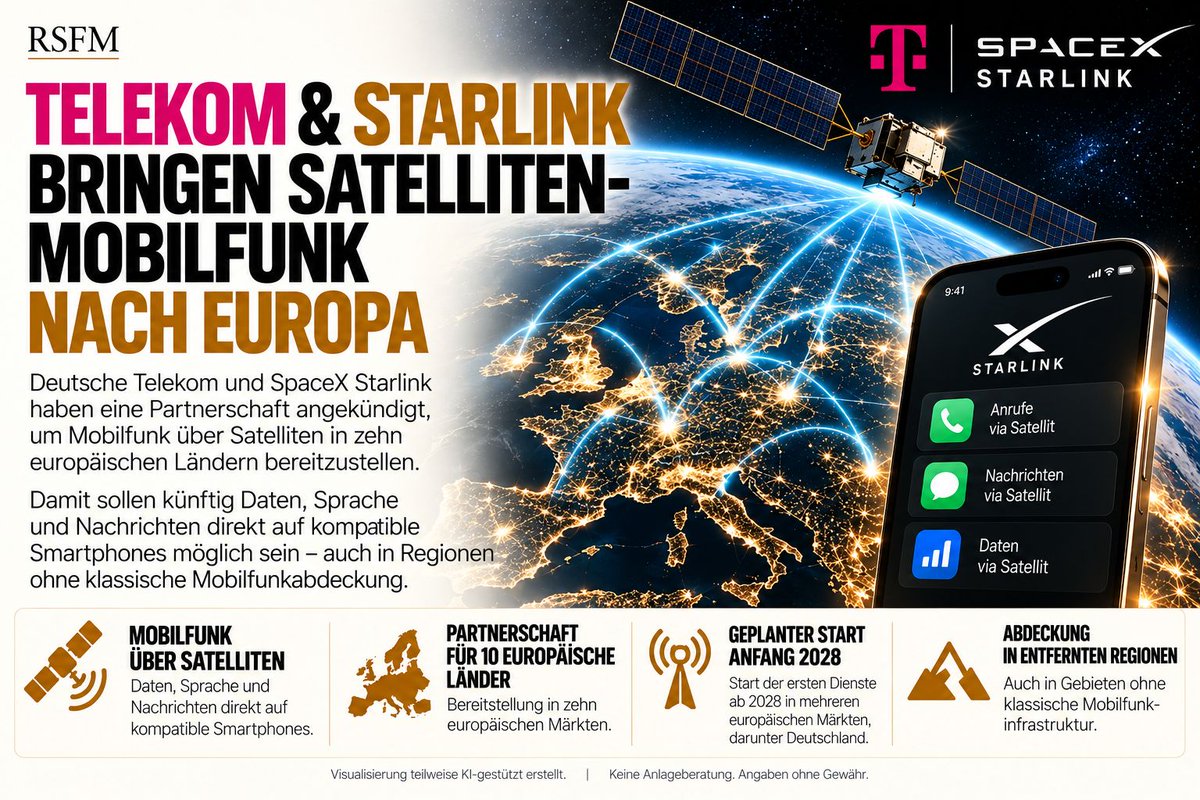 RSFM_Official's tweet photo. ◉ TELEKOM & STARLINK BRINGEN SATELLITEN-MOBILFUNK NACH EUROPA

Ein Smartphone mit Empfang – selbst dort, wo kein klassischer Mobilfunkmast erreichbar ist.

Genau daran arbeiten Deutsche Telekom und SpaceX jetzt gemeinsam.

Die Unternehmen haben eine Partnerschaft für Satellite-to-Mobile in zehn europäischen Ländern angekündigt.

Das Ziel:

→ Daten direkt über Satellit
→ Telefonate über Satellit
→ Nachrichten über Satellit
→ Verbindung mit kompatiblen Smartphones
→ zusätzliche Abdeckung in Regionen ohne terrestrisches Mobilfunknetz

Eine spezielle Satellitenschüssel soll dafür nicht notwendig sein.

Die ersten Dienste sollen Anfang 2028 in mehreren europäischen Märkten starten – darunter Deutschland.

Und genau hier wird es strategisch interessant.

Starlink entwickelt sich zunehmend von einem Anbieter für Satelliteninternet zu einer zusätzlichen Ebene der globalen Mobilfunkinfrastruktur.

Bisher galt vereinfacht:

Smartphone → Mobilfunkmast → Netz

Künftig kann in Gebieten ohne terrestrische Abdeckung eine weitere Verbindung hinzukommen:

Smartphone → Satellit → Netz

Das könnte insbesondere für ländliche Regionen, abgelegene Gebiete und bestehende Funklöcher relevant werden.

Für die Deutsche Telekom bedeutet die Partnerschaft, dass sie ihre terrestrische Infrastruktur dort ergänzen kann, wo der Aufbau zusätzlicher Mobilfunkmasten schwierig oder wirtschaftlich wenig attraktiv ist.

Für SpaceX wiederum öffnet sich ein gewaltiger Markt:

Nicht nur Satelliteninternet für Starlink-Terminals – sondern direkte Konnektivität für Smartphones.

Für uns ist genau das die größere Entwicklung:

Satelliten und klassische Mobilfunknetze wachsen zunehmend zu einer gemeinsamen Kommunikationsinfrastruktur zusammen.

Und Starlink positioniert sich mitten in dieser neuen Infrastruktur.

Start: Anfang 2028.
Partnerschaft: 10 europäische Länder.
Deutschland gehört zu den ersten geplanten Märkten.

#Starlink #SpaceX #Telekom