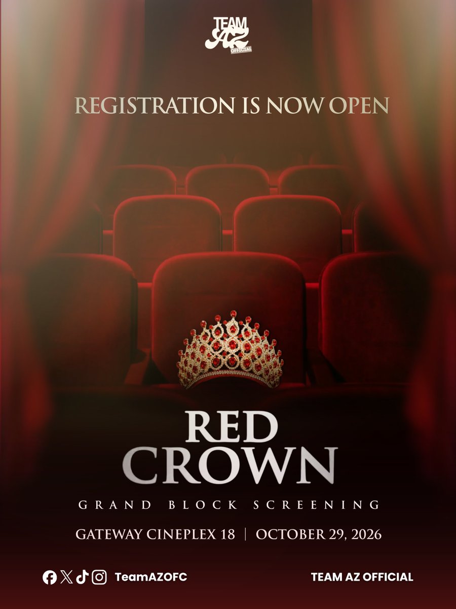 TeamAZOFC's tweet photo. 𝗟𝗘𝗧 𝗧𝗛𝗘 𝗥𝗘𝗗 𝗖𝗥𝗢𝗪𝗡 𝗘𝗫𝗣𝗘𝗥𝗜𝗘𝗡𝗖𝗘 𝗕𝗘𝗚𝗜𝗡 ✨

Team AZ Official is opening the registration for the FIRST Grand Block Screening of AZ’s movie, Red Crown, happening this October 29 at Gateway Cineplex Cinema 11! 

Make sure to fill out the registration form because lots of surprises are waiting for you! And who knows… we might even have some special guests joining us. 

So see you there, AZpires! Let’s make this screening one to remember 💜

Registration Link: [https://t.co/MJyOXOCUvN]

#AzMartinez | @_AZMartinez