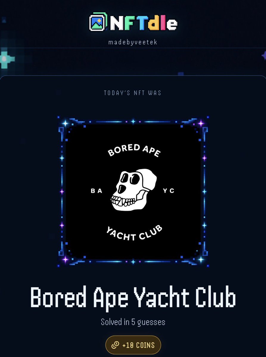 veetek_who's tweet photo. Did you know yesterday’s answer was the one and only… 👀
@BoredApeYC 🎉
Now let’s see if you can crack today’s puzzle 👀
https://t.co/w0X484FAQM 👈 #nftdle https://t.co/kWJXBISM2T