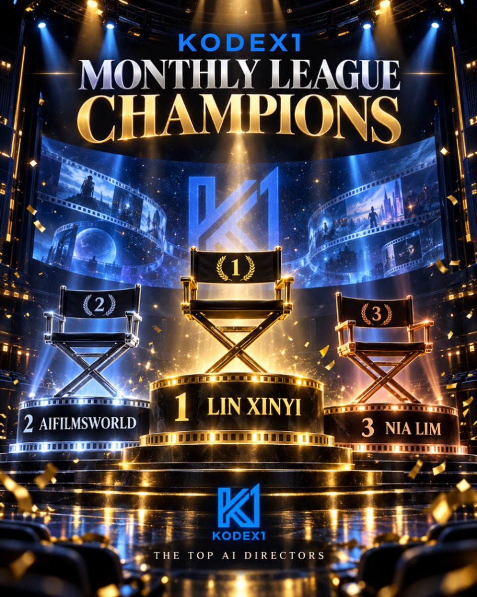 Kodex1dotcom's tweet photo. This month's league champions.

🥇 1st @lin_Xinyi
🥈 2nd @aifilmsworld
🥉 3rd @its.nialim

Congratulations. You earned it.

New month. New league. We're expanding it with more cash prizes.

Upload your videos for league points and a share of the creator cash pool.

https://t.co/K5MtAoZrz2

#kodex1 #aivideo #aimovie #aimusic #aiart