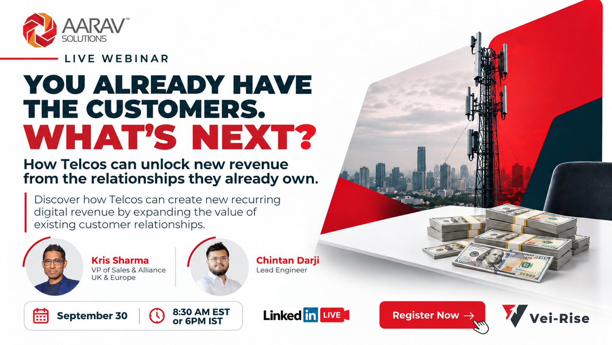 Aarav_Solutions's tweet photo. You have SMB clients—what’s next? 📲
Move Telco growth beyond connectivity with Vei-Rise: Connection ➡️ Conversation ➡️️ Commerce.
👉 Watch the full video along with the demo: https://t.co/qB8W9OJw5Y
#Telco #SMB #ConversationToCommerce #DigitalTransformation https://t.co/y8qmNFATxK